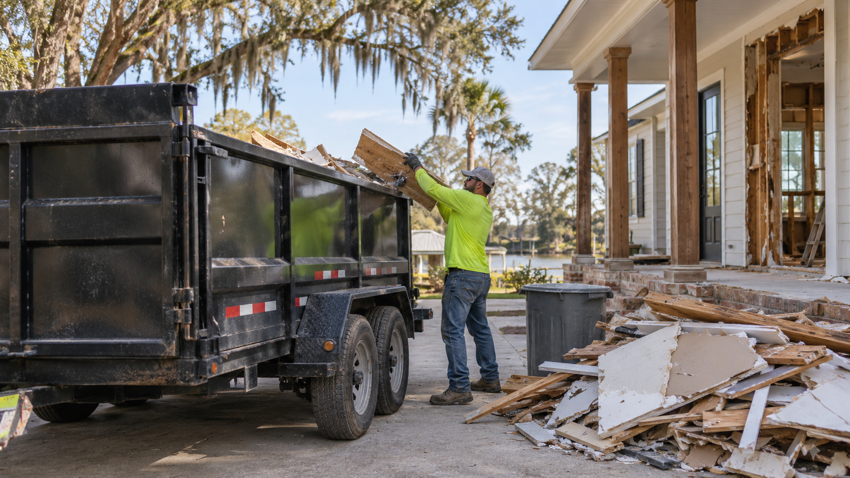 Construction debris being loaded into a dump trailer